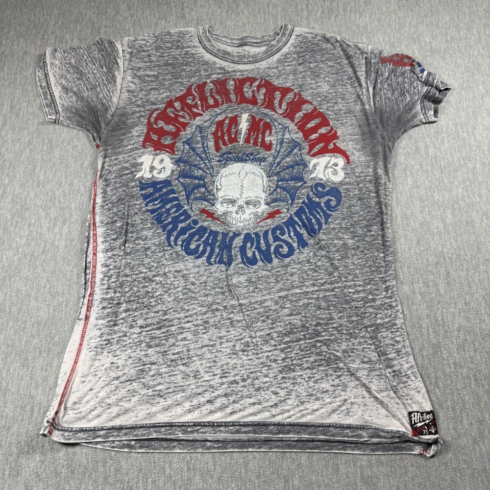 Affliction T-Shirt Mens XXL Gray Graphic Skull American Customs Distress Wash Te